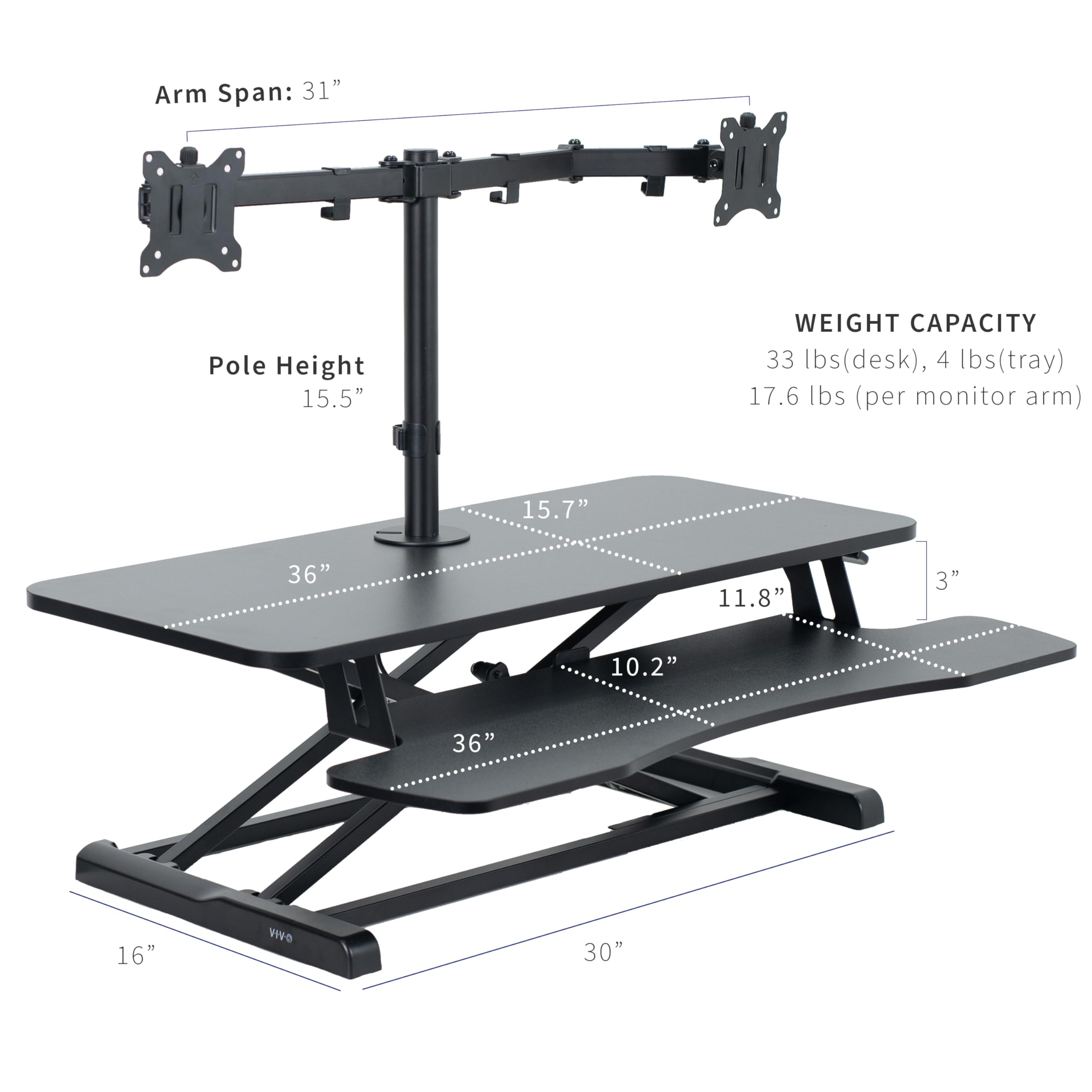VIVO 36 Inch Adjustable Standing Desk Converter - Dual Monitor Stand for 13 to 30 Inch Screens, Sit Stand Workstation Riser (Black) | Perfect for Home Office, Gaming Setup & Ergonomic Workspace - DESK-V036K-M2
