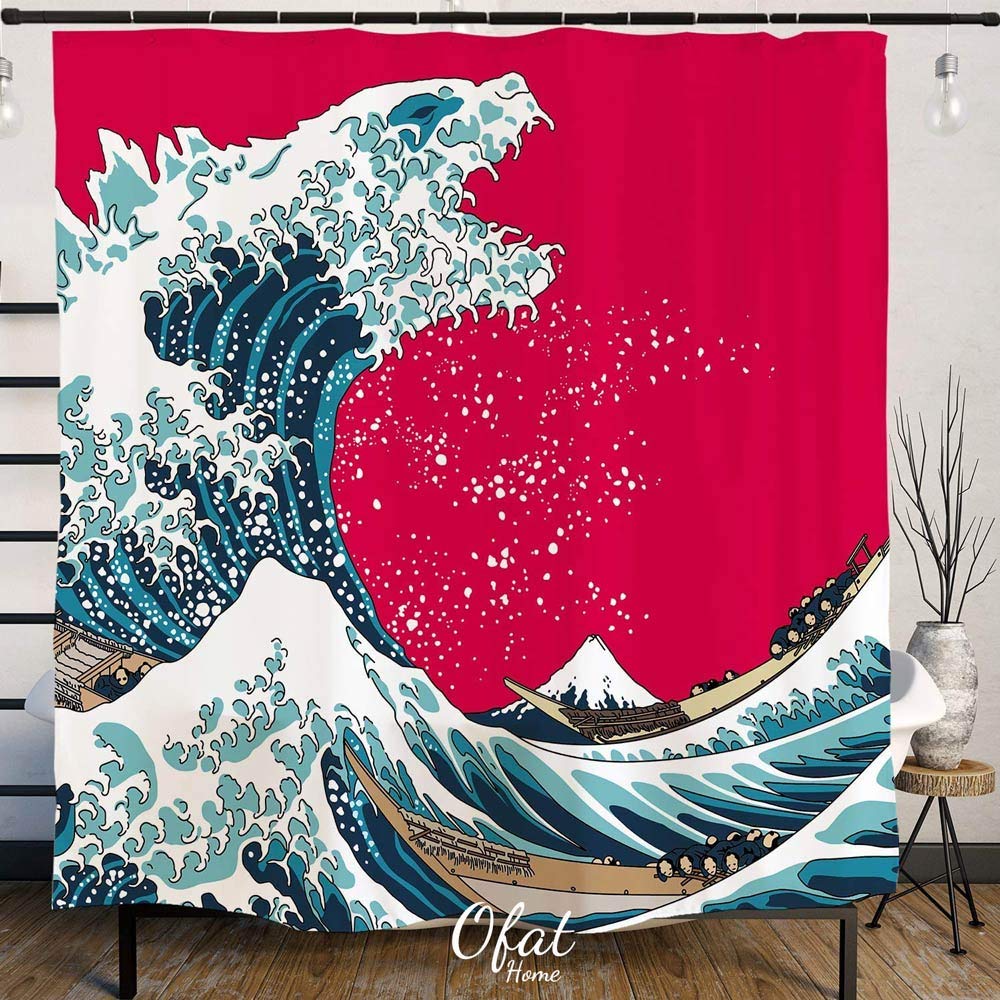 Ofat Home Japanese Monster & The Great Wave Off Kanagawa Shower Curtain Set with Hooks - Hokusai Art Bathroom Decor - No Liner Needed - Waterproof 72x72 Inch (Red/Blue) - Perfect for Bathroom, Dorm, Apartment & Beach House Decor
