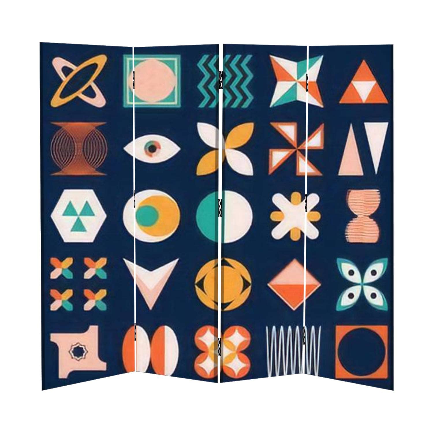 4 Panel Geometric Abstract Canvas Room Divider Screen - Foldable Privacy Partition for Home Office, Bedroom & Studio | Temporary Wall Divider with Neo Geo Design Elements
