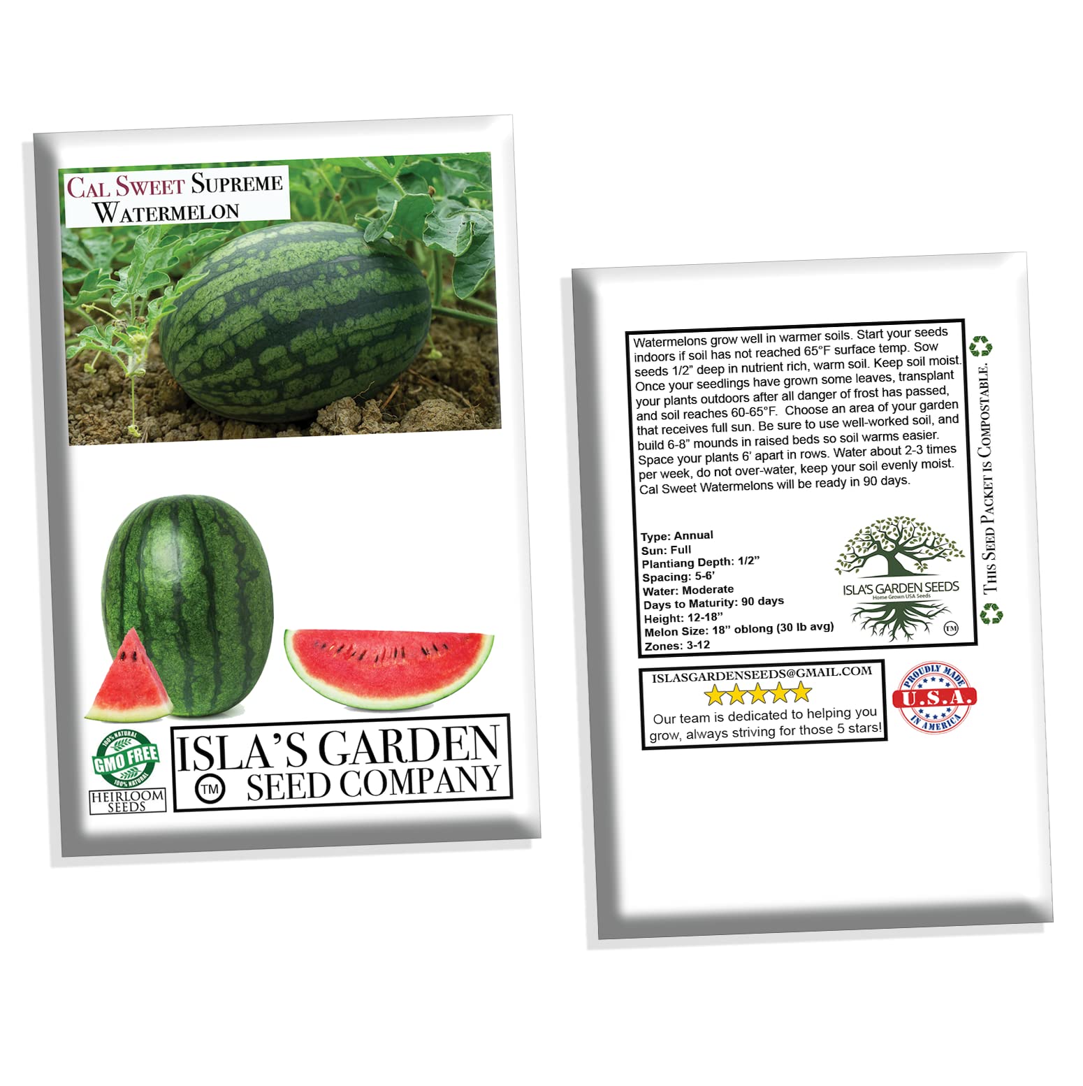 Cal Sweet Supreme Watermelon Seeds for Planting - 125+ Heirloom, Non-GMO Seeds (Citrullus lanatus) by Isla's Garden Seeds | Perfect for Home Gardens, Backyard Farming & Organic Gardening