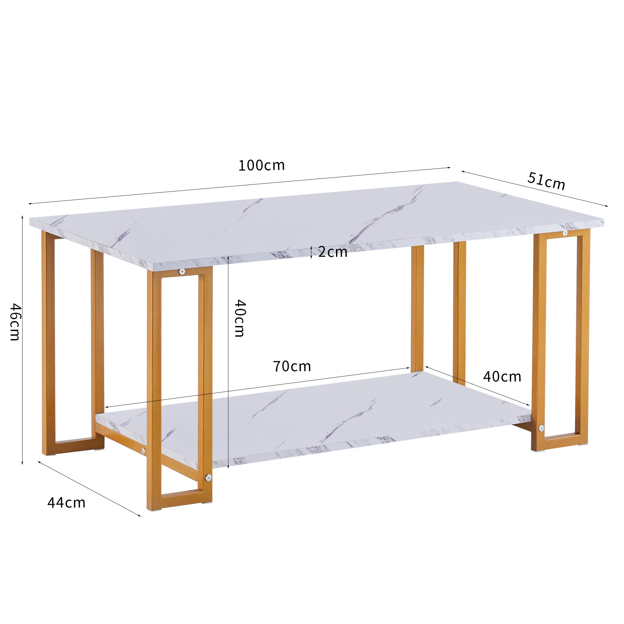2-Tier Marble MDF Coffee Table with Black Metal Legs & White Top - Modern Rectangle Side Table for Living Room, Dining Area, Coffee Shop & Restaurant Decor (Gold Accent) | Perfect for Small Spaces, Lounge Areas & Contemporary Home Styling