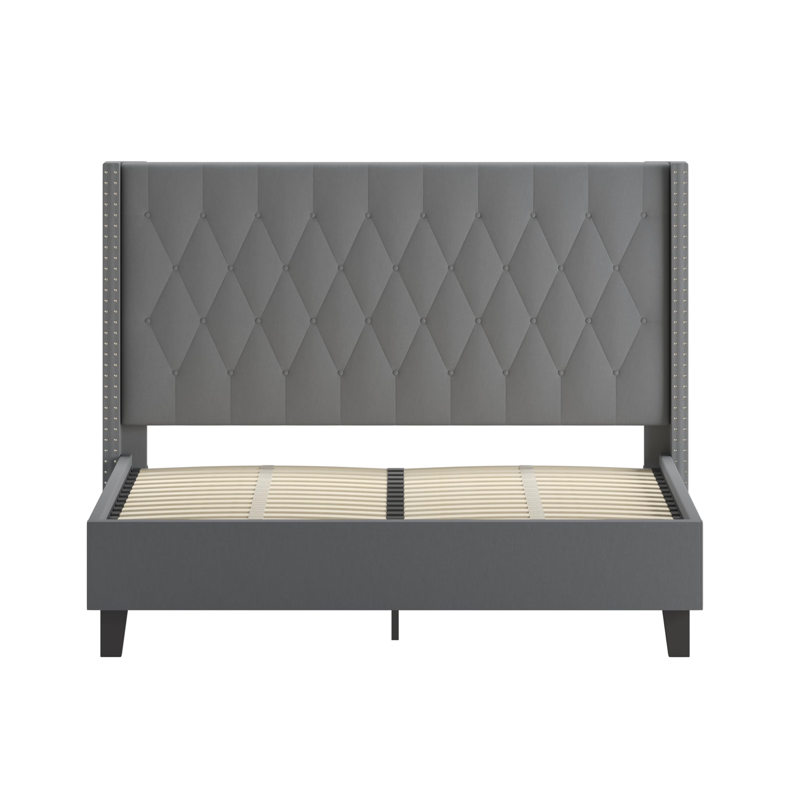 Dark Gray Fabric Queen Size Accent Extended Panel Platform Bed Frame - Modern Upholstered Bed for Master Bedroom, Guest Room & Apartment
