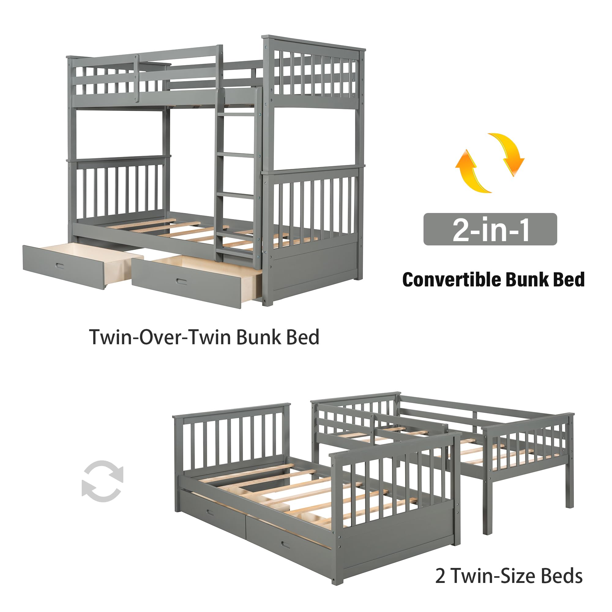 Merax Solid Wood Twin Over Twin Bunk Bed with Ladders & 2 Storage Drawers - Convertible Detachable Frame, Grey | Space-Saving Kids Bedroom Furniture for Shared Rooms & Sleepovers