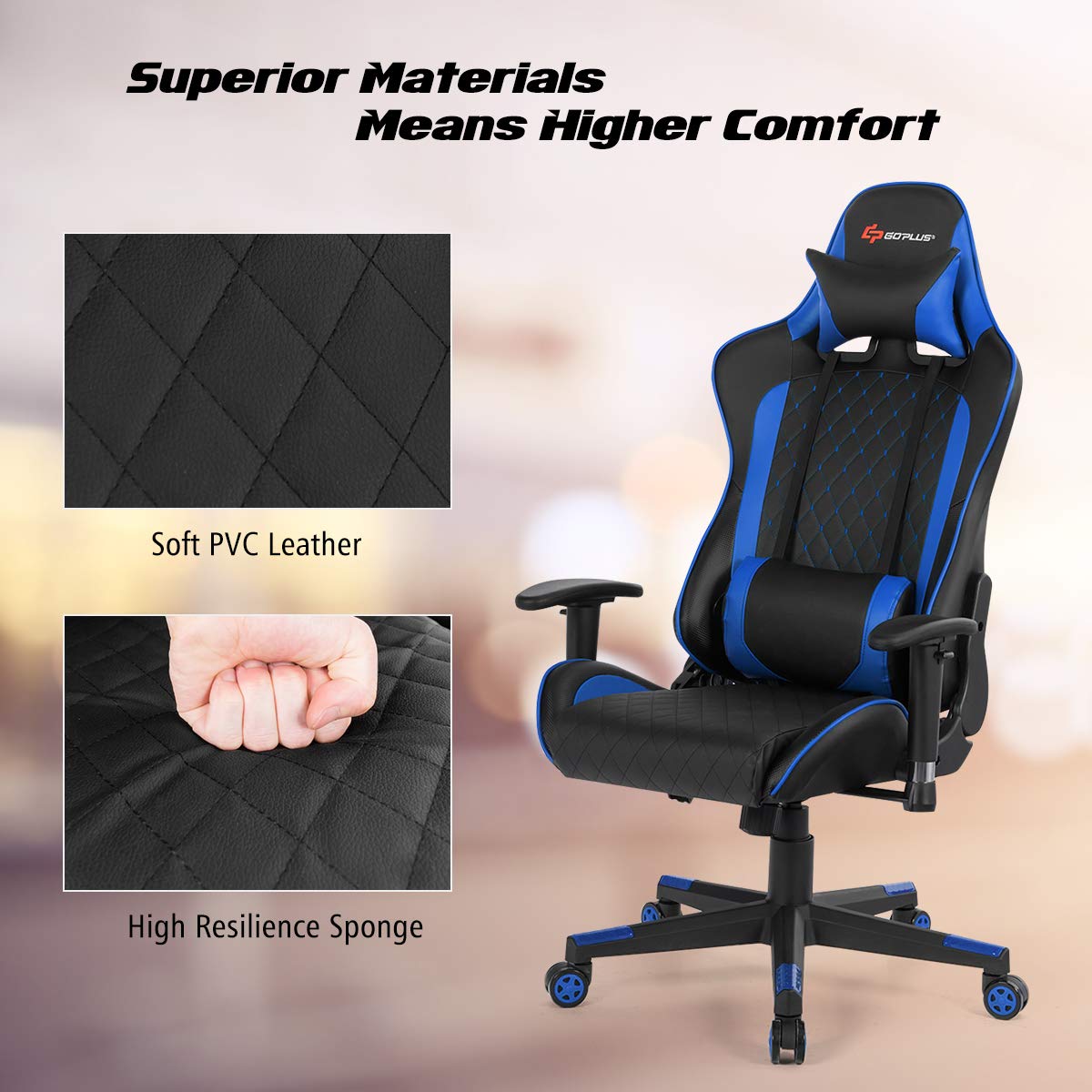 Goplus Ergonomic Massage Gaming Chair - Reclining High Back Office Chair with Adjustable Headrest, Lumbar Support & PU Leather - Perfect for PC Gaming, Work & Home Office Relaxation