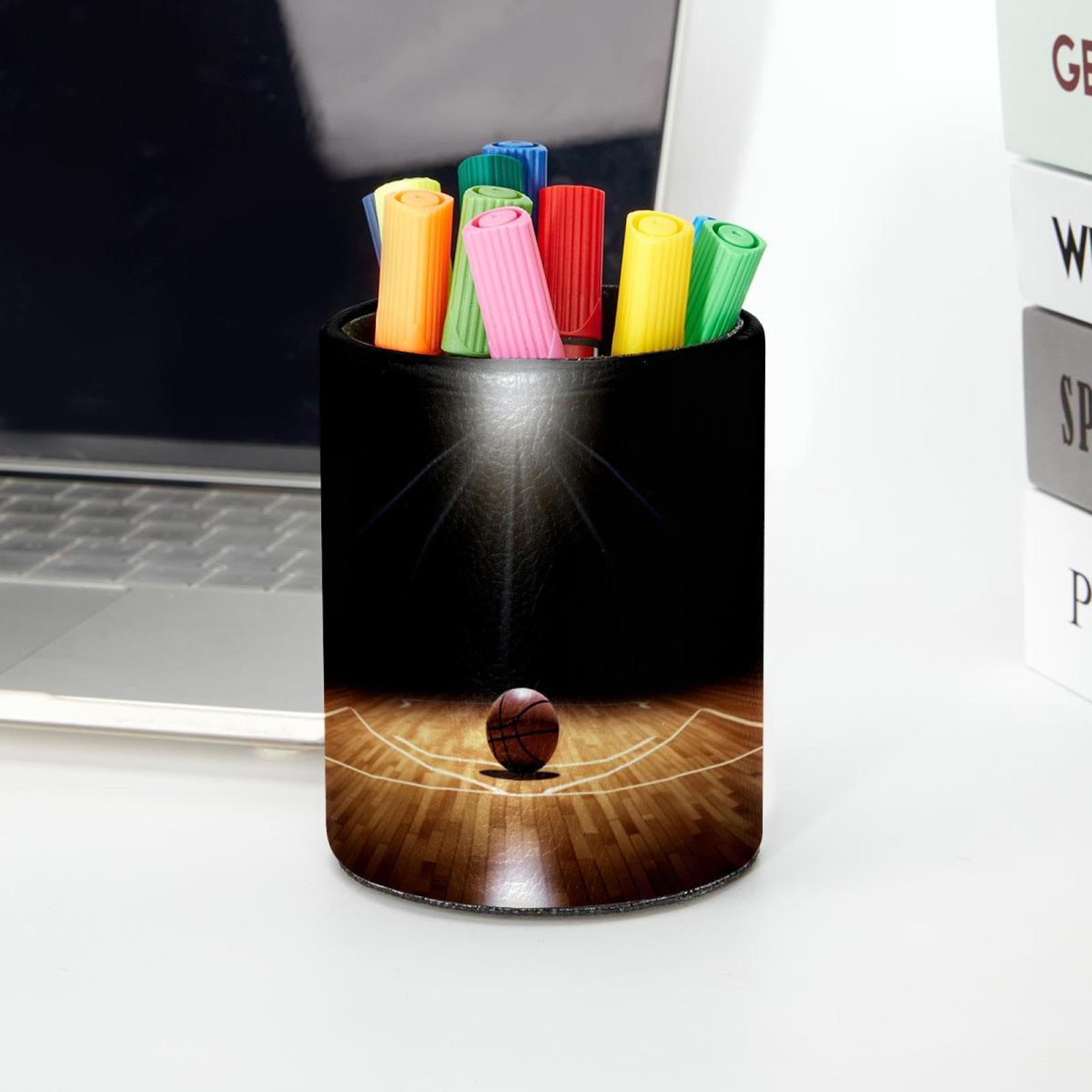 Wooden Basketball Pen Holder for Desk - Stylish Pencil Organizer with Cricket Field Design - Perfect Office Supplies for Home, School & Workstation Decor