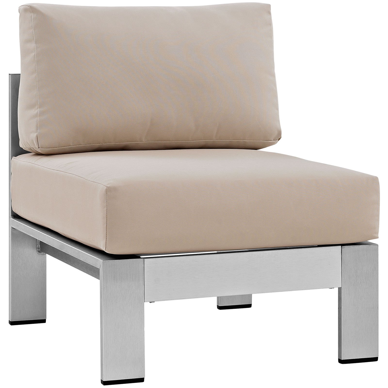 Modway Shore Aluminum Outdoor Patio Armless Chair - Lightweight & Weather-Resistant Silver Beige Lounge Chair for Poolside, Garden, Deck, or Balcony Relaxation