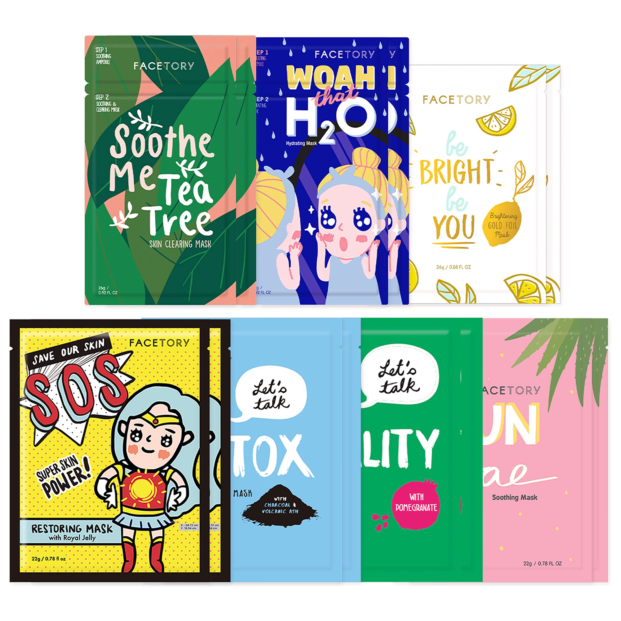 FACETORY K Beauty Face Mask Set - Best of 7 Collection (14 Sheet Masks) | Premium Korean Skincare for All Skin Types - Sulfate Free, Paraben Free - Hydrating & Brightening Facial Treatment for Daily Self-Care & Spa Nights