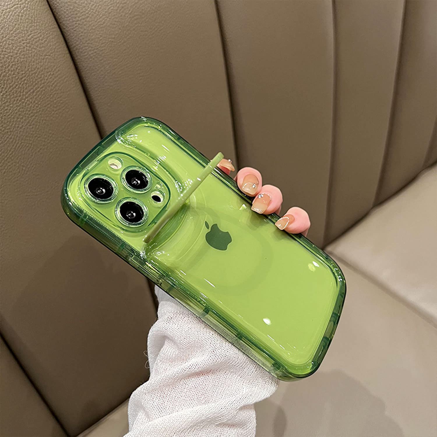 Ownest Clear Kickstand Shockproof iPhone 12 Pro Max Case - Slim TPU Protective Cover with Camera Holder & Creative Design | Perfect for Outdoor Activities, Travel & Daily Use (Green)
