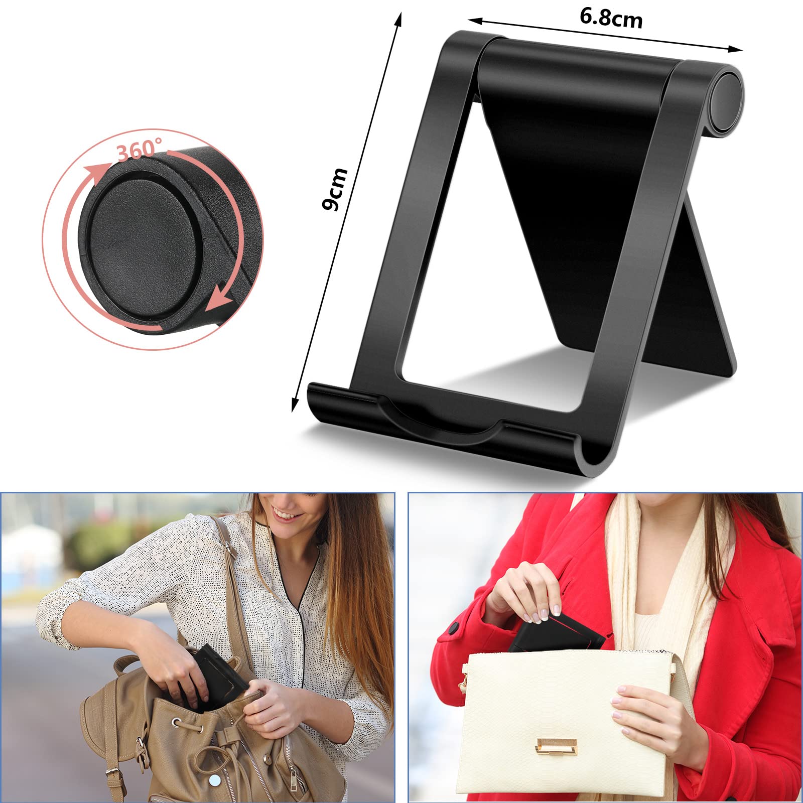 Frienda 4-Piece Foldable Multi-Angle Phone Stand Holder - Universal Adjustable Smartphone & Tablet Dock for Desk (Black, Pink) - Perfect for Video Calls, Watching Movies & Hands-Free Use at Home/Office