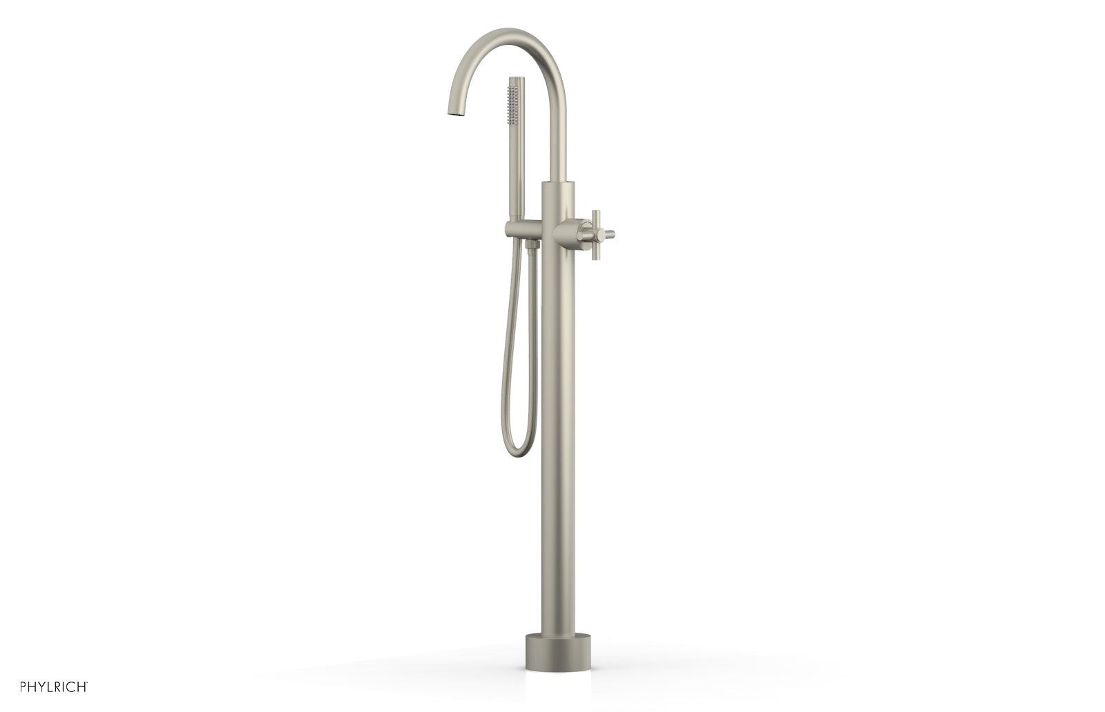 Premium Tall Floor Mount Tub Filler with Cross Handle & Hand Shower - D1314401 - Perfect for Modern Bathroom Renovations and Spa-Like Showers