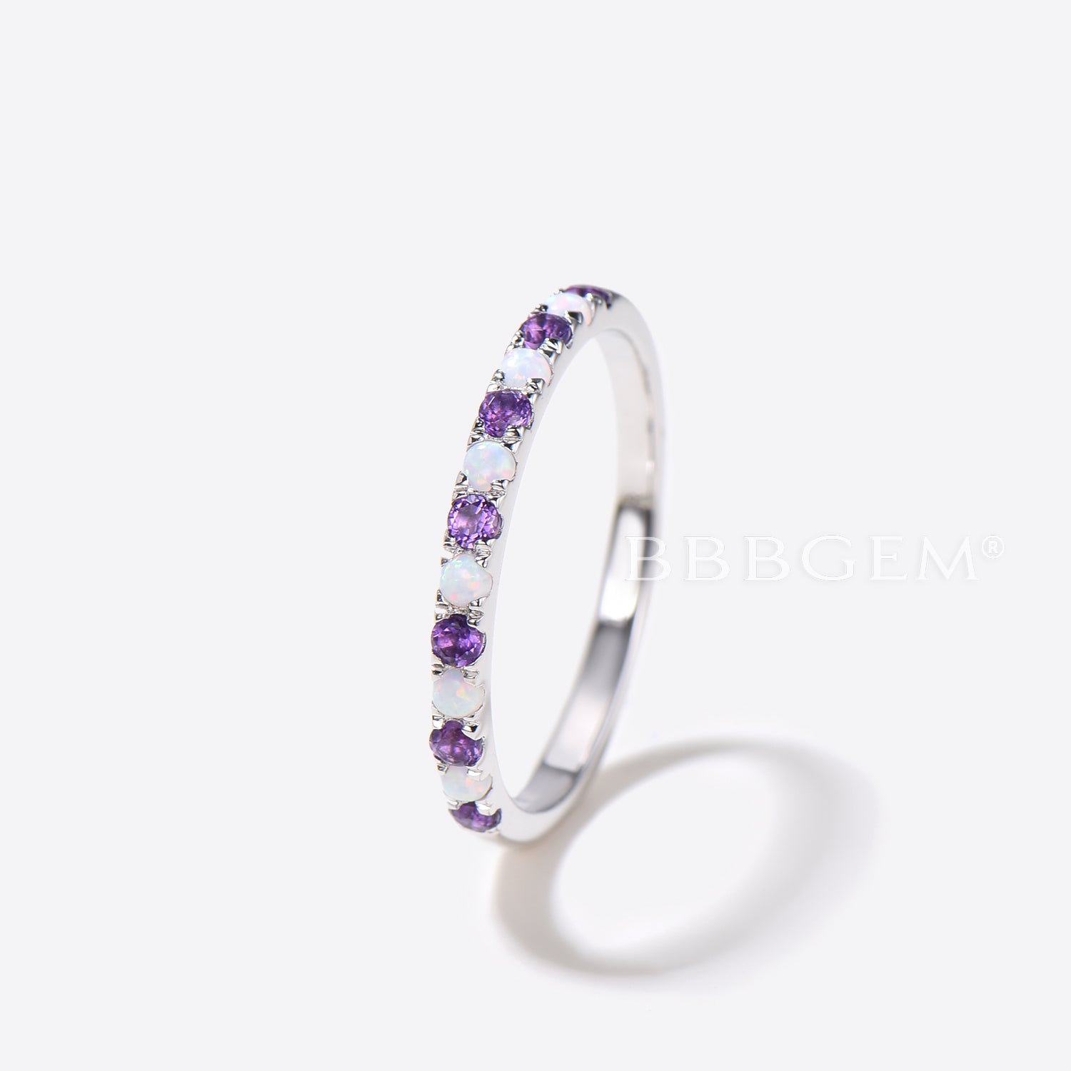 Opal Amethyst Wedding Band Ring - Half Eternity Stackable Ring for Women - 925 Sterling Silver Anniversary Gift for Her - Perfect for Bridal Jewelry, Stacking Rings & Special Occasions