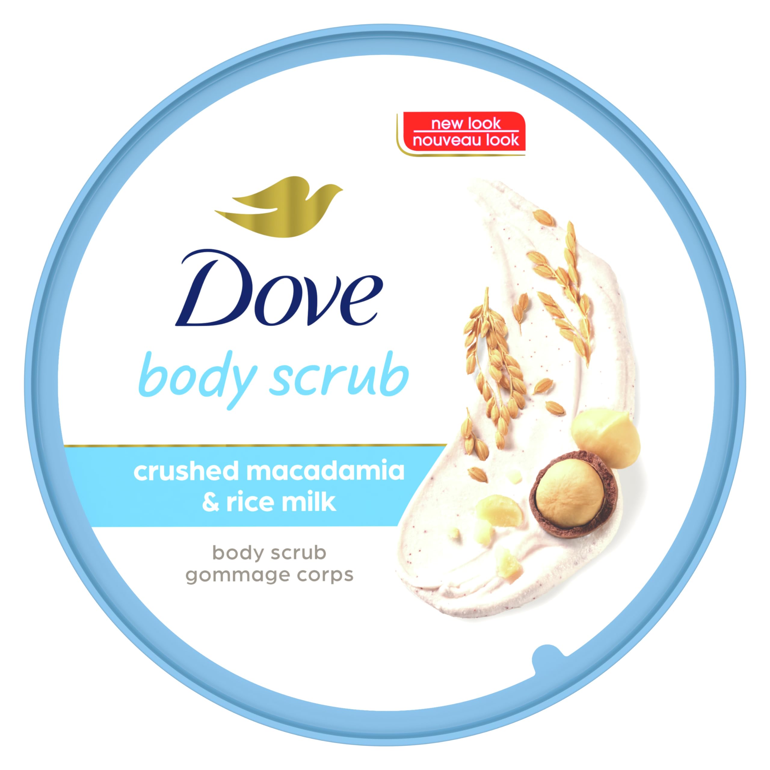 Dove Macadamia & Rice Milk Body Scrub - Exfoliating & Moisturizing Body Wash with Pump for Dry Skin - Reveals Visibly Smoother Skin - Perfect for Shower & Bath Time Self-Care Routine