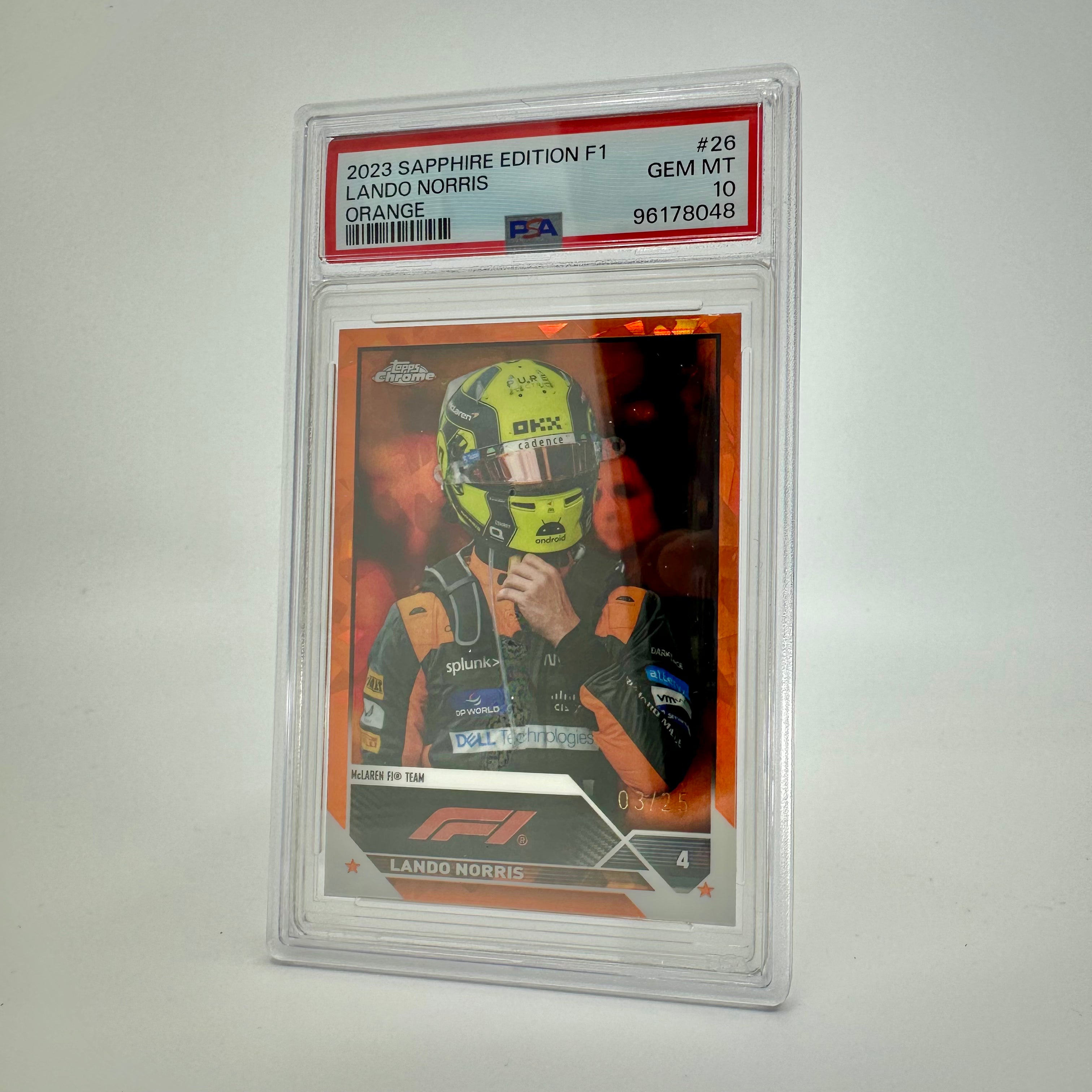 2023 Topps Chrome F1 Lando Norris #26 Orange Sapphire PSA 10 Graded Racing Card - Perfect for F1 Collectors, Sports Memorabilia Enthusiasts, and Investment in Rare Trading Cards