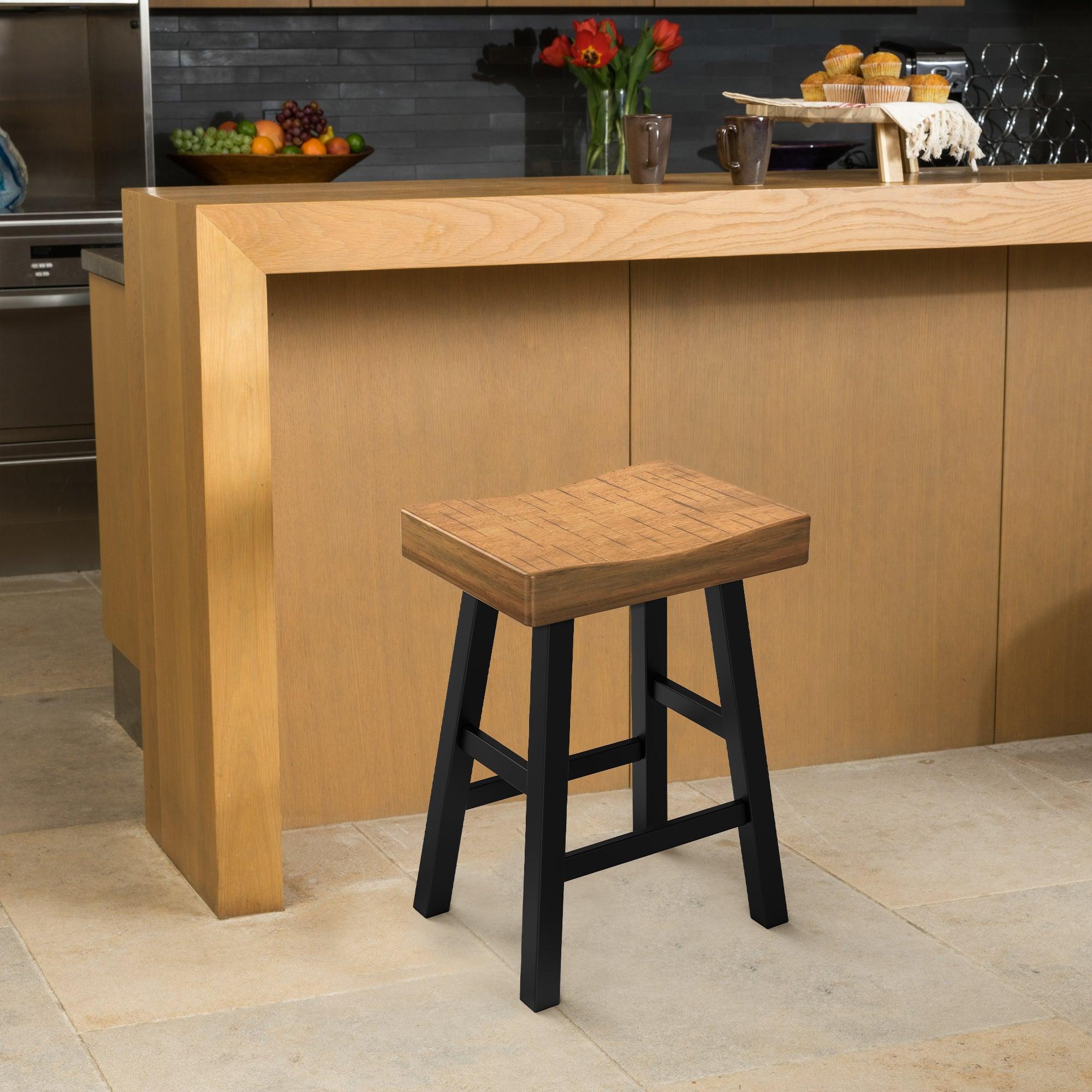 Set of 2 Farmhouse Solid Wood Bar Stools - Backless Saddle Seat Counter Height Chairs for Kitchen Island, Breakfast Nook & Home Office - Perfect for Rustic Decor, Dining & Small Space Living