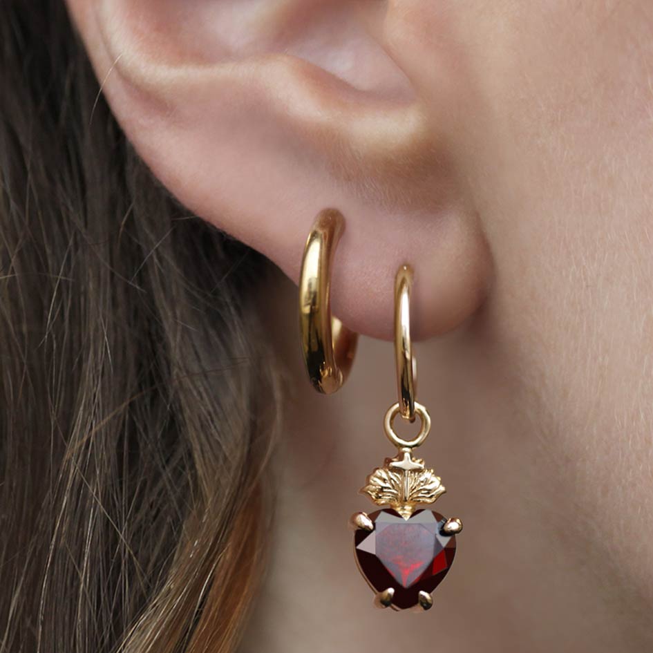 Sacred Heart Garnet Earrings in Gold - Elegant Dangle Earrings for Women, Perfect for Valentine's Day, Anniversary & Special Occasions
