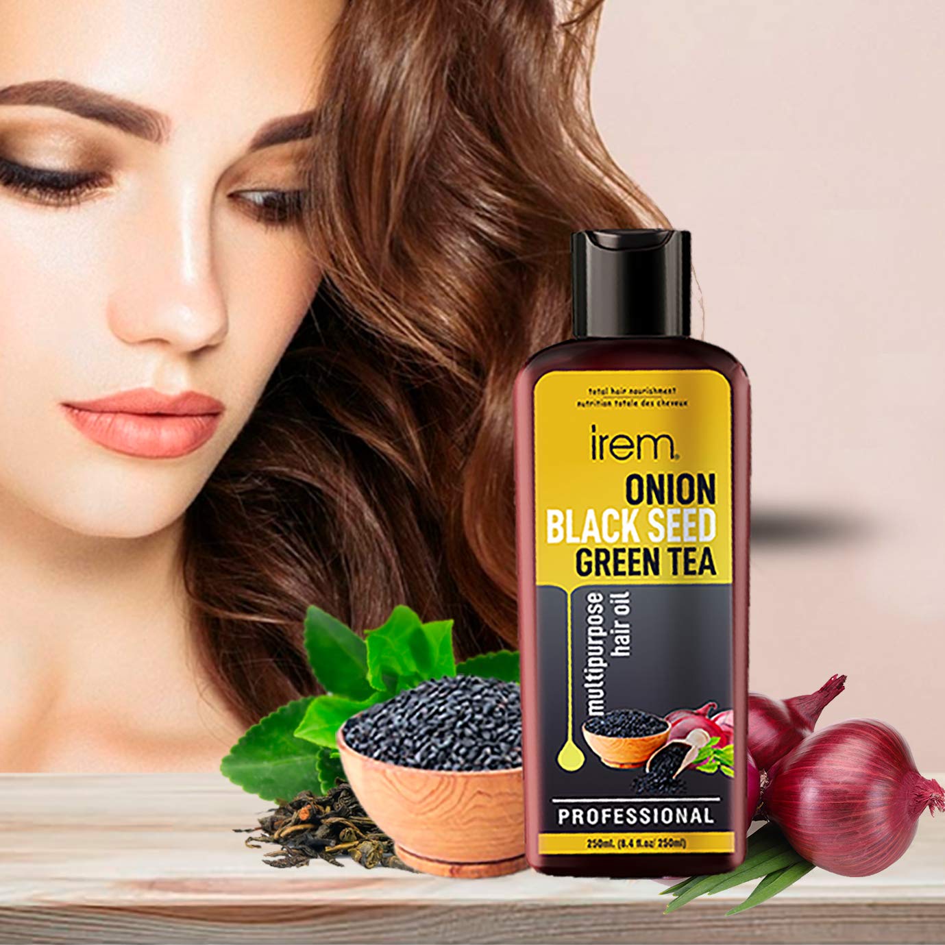 Irem Onion, Black Seed & Green Tea Hair Oil for Hair Growth - 250ml | Promotes Healthy Hair, Reduces Hair Fall & Dandruff | Perfect for Daily Scalp Massage & Night Hair Treatment