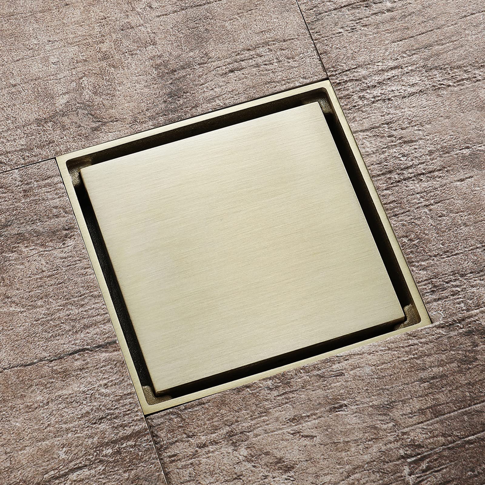 4 Inch Square Shower Drain Brushed Gold - Brass Floor Drain with Tile Insert Grate & Deodorant Core - Bathroom Shower Waste Drain for Modern Tile Showers and Wet Rooms