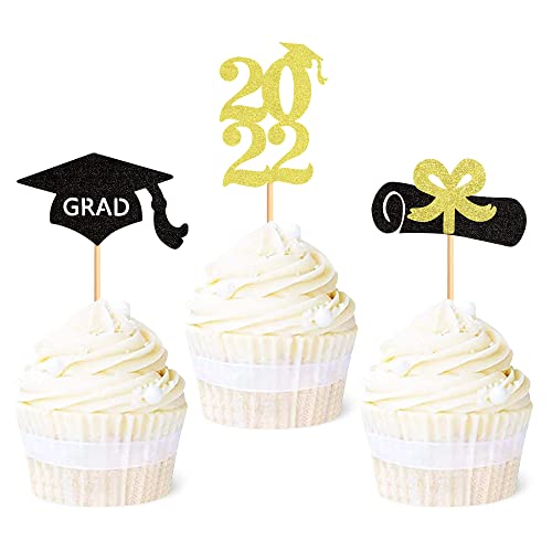 Ercadio 24 Pack 2022 Graduation Cupcake Toppers with Glitter - Grad Cap & Diploma Cake Decorations for Class of 2022 Graduation Party Supplies | Perfect for Graduation Cakes, Cupcakes, Desserts & Celebration Decor