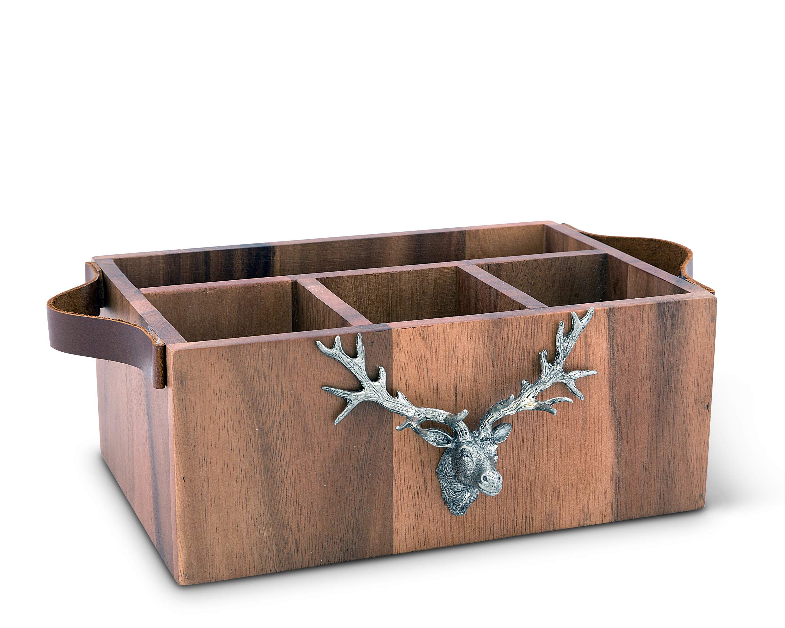 Vagabond House Acacia Wood Flatware Holder with Pewter Elk Accent & Leather Handles - 13