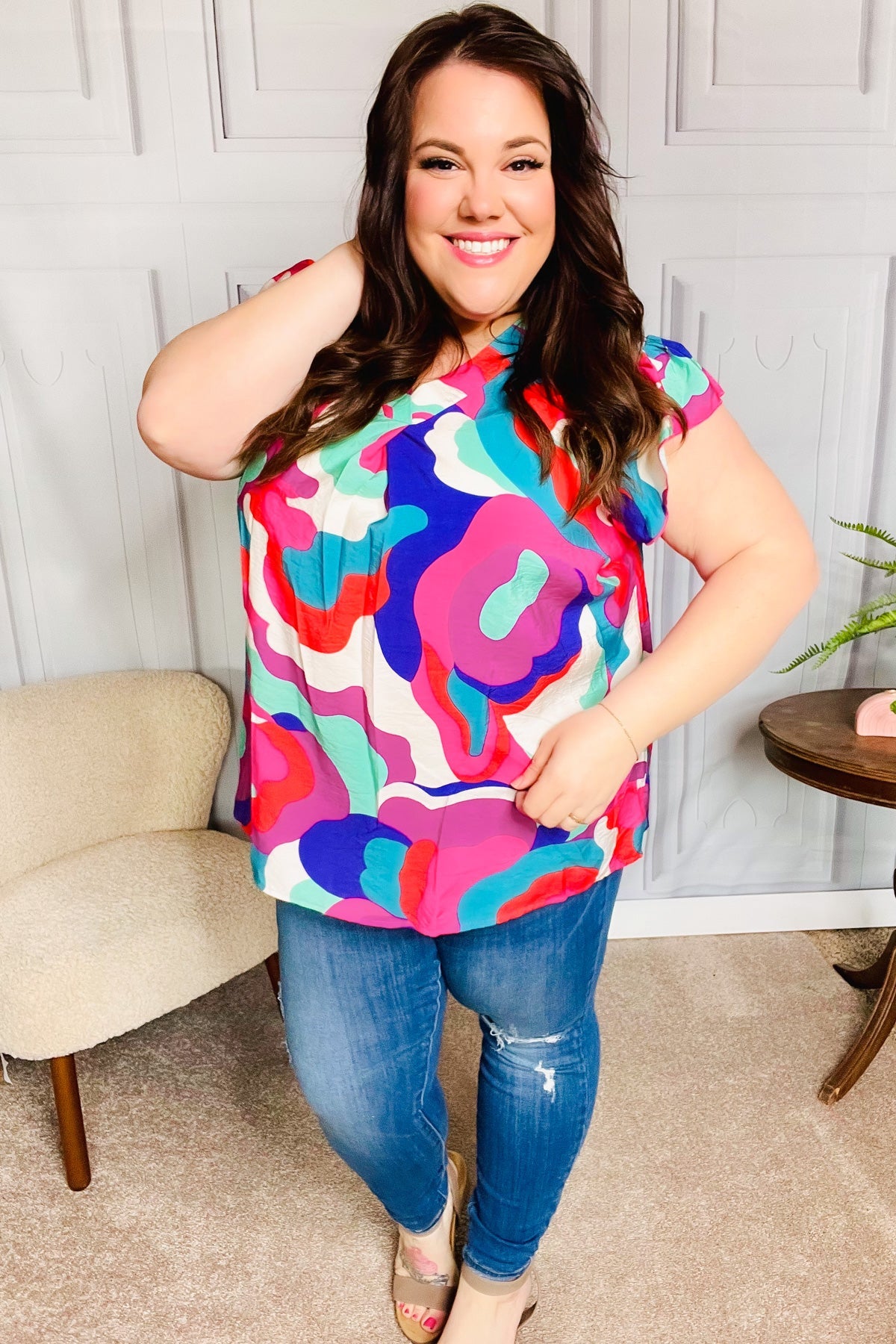 Fuchsia Geo Abstract V-Neck Flutter Sleeve Blouse for Women | Trendy Floral Print Summer Tops | Perfect for Date Night, Office Wear & Casual Outings