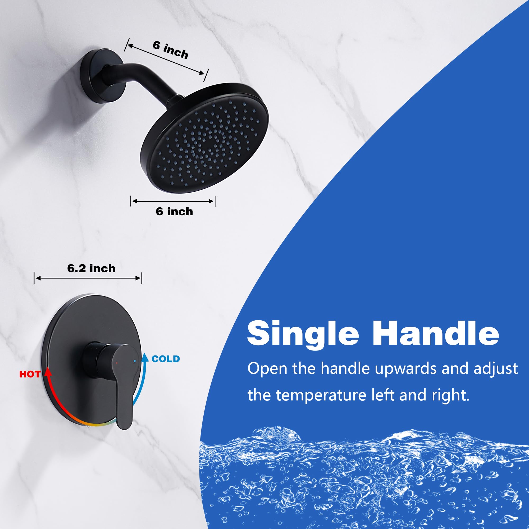Premium Matte Black Shower Faucet Set with 6-Inch Rainfall Shower Head - Single Handle High Pressure Shower System with Valve - Perfect for Modern Bathroom Renovations & Spa-Like Shower Experience