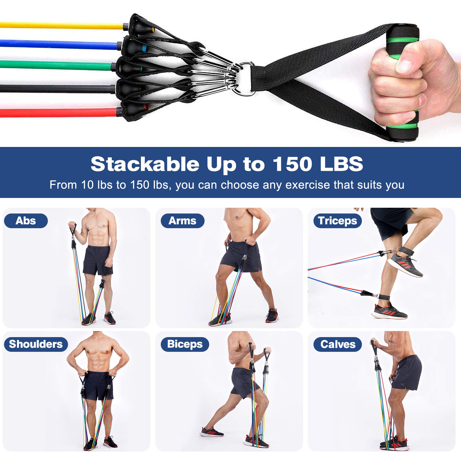 Sensyne 16PCS Resistance Bands Set - Up to 150 lbs for Strength Training, Home Gym, Yoga & Outdoor Workouts - Perfect for Fitness, Baseball Softball Training & Suspension Exercises