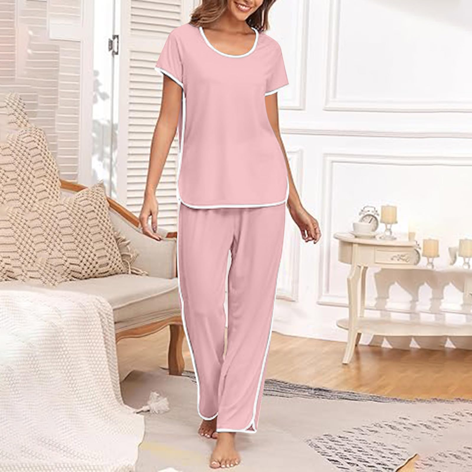 Women's 2-Piece Summer Lounge Set - Soft Short Sleeve Top & Loose Pants Sleepwear Outfit for Casual Wear, Home Relaxation & Vacation Comfort