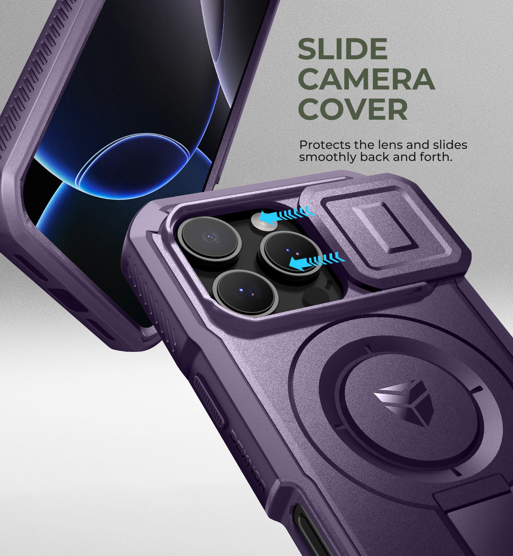 Dexnor Purple Shockproof Case for iPhone 16 Pro with Slide Camera Cover, MagSafe Compatible, Heavy Duty Protection, Built-in Screen Protector & Adjustable Kickstand - Perfect for Outdoor Activities, Travel, and Daily Use