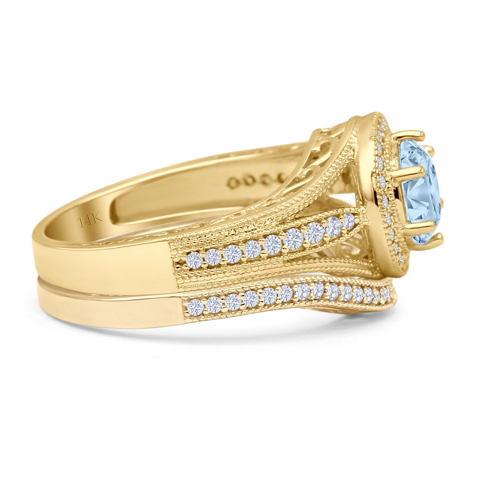 14K Yellow Gold Two Piece Round Halo Split Shank Curved Contour Band Natural Aquamarine Ring for Women - Elegant Wedding, Engagement & Anniversary Jewelry Gift