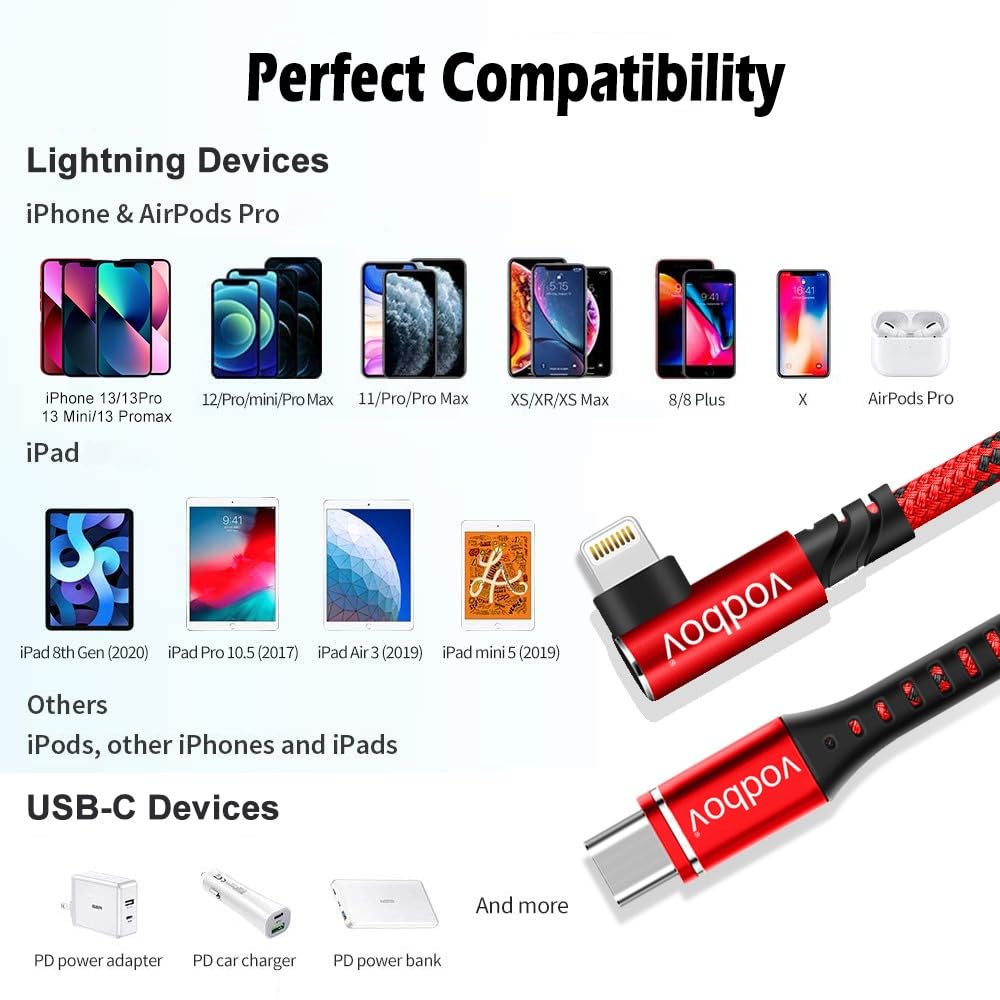 2-Pack 6ft & 10ft 90 Degree USB C to Lightning Cable - Fast Charging & Data Sync Braided Nylon Cord for iPhone 14/13/12/11/X/8, iPad Pro/Air/Mini - Durable Right Angle Charger for Bedside, Car & Travel Use (iOS Compatible)