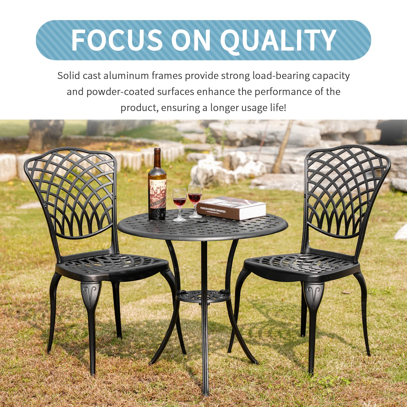 Black 3-Piece Cast Aluminum Bistro Set - Small Outdoor Patio Table and 2 Chairs with Umbrella Hole - Perfect for Front Porch, Garden, Yard & Balcony - Durable Woven Design for Relaxing & Entertaining Outdoors