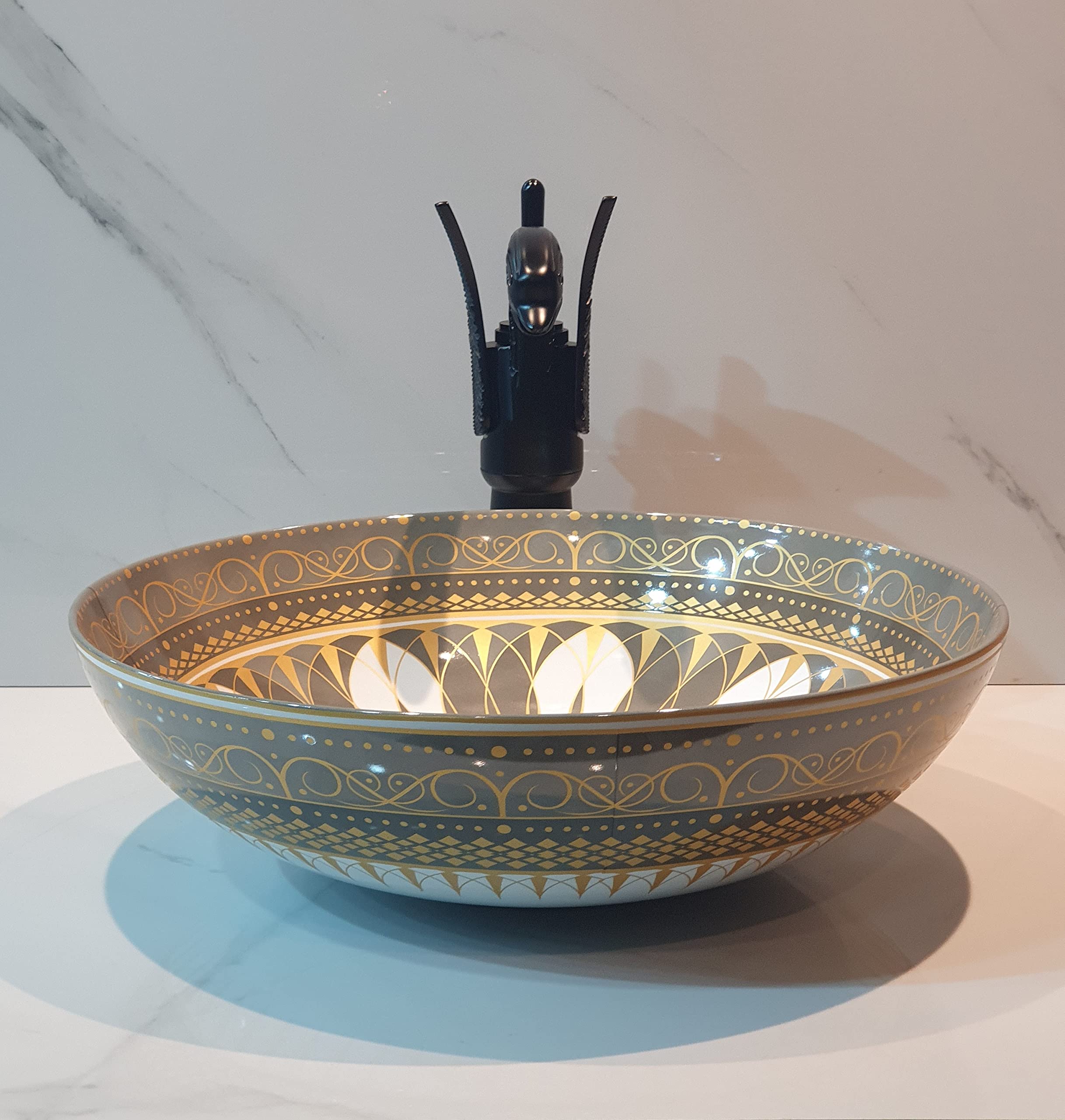 Ceramic Countertop Wash Basin Sink - 16x16x5 Inch Moroccan Design Art Basin for Bathroom Vanity & Livingroom Decor | Perfect for Modern Farmhouse, Boho Chic, and Spa Style Interiors