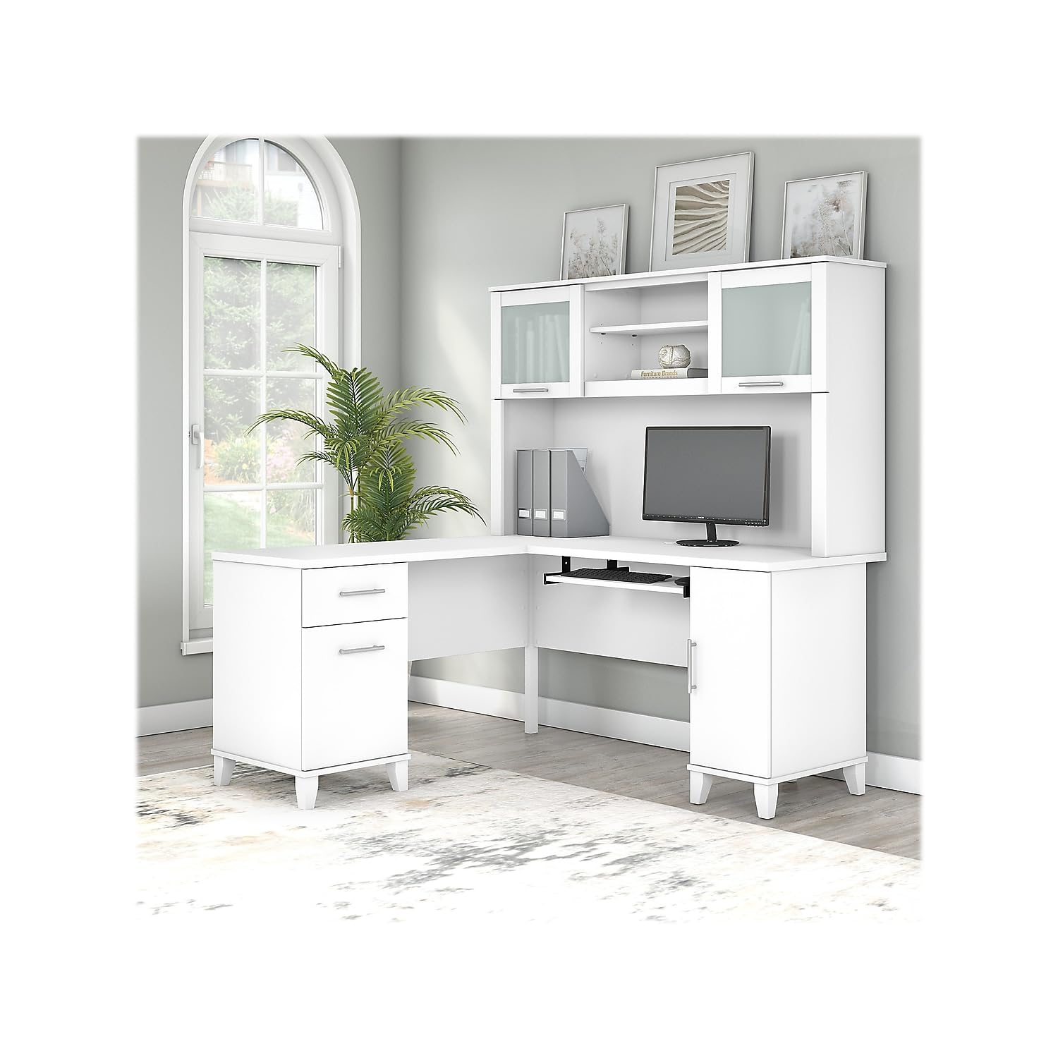 Bush Furniture Somerset White L-Shaped Desk with Hutch - Home Office Computer Desk with Storage, Drawers, Cabinets & Pullout Keyboard Tray | Study Table for Small Spaces, Work from Home Setup, Gaming Station & Remote Learning Workspace