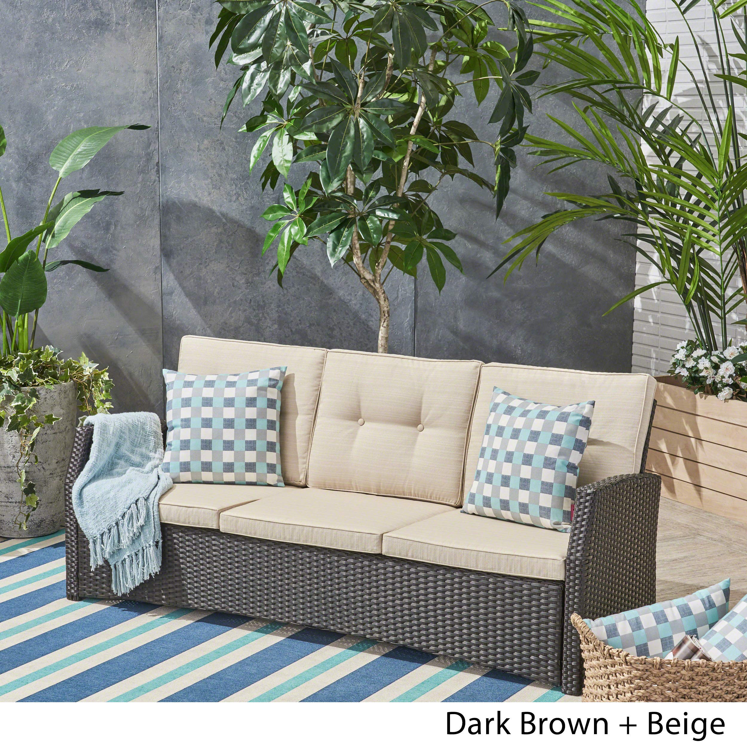 Christopher Knight Home Amigo Outdoor 3-Seater Wicker Sofa Set - Dark Brown Rattan Patio Furniture with Beige Weather-Resistant Cushions | Perfect for Garden, Poolside & Backyard Relaxation