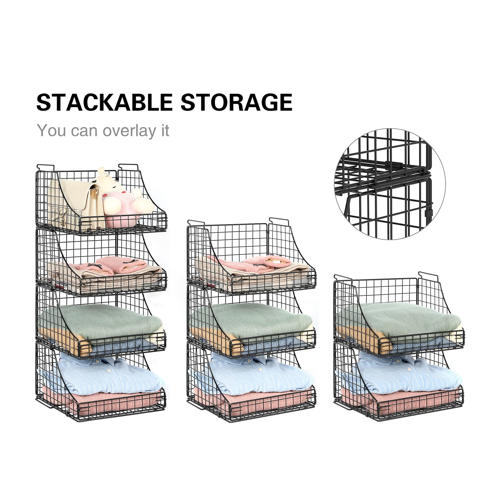 4-Pack Stackable Metal Wire Baskets - Rustic Black Storage Bins for Closet, Pantry & Kids Room Organization - Perfect for Clothes, Toys, Books & Snacks Storage - Space-Saving Home & Office Organizer Solution