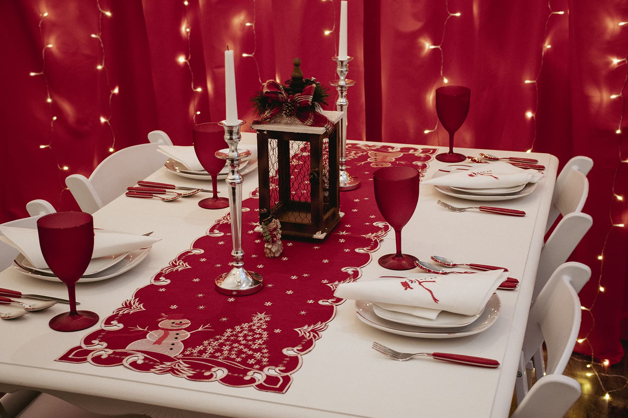 Elegant Silver Star Topped Trees & Snowman Red Table Runner - 15x51 Inch Holiday Decor for Dining Table, Coffee Table, Dresser, or Buffet - Perfect for Christmas, Winter Decorations & Festive Home Styling