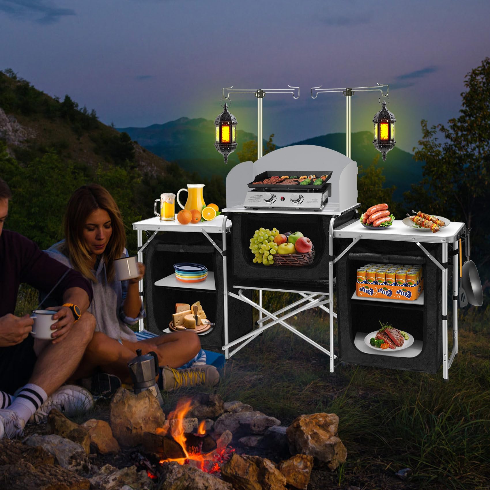 Portable Aluminum Camping Kitchen Table with Windscreen & 3 Storage Cupboards - Foldable Outdoor Cooking Table for BBQ, Picnic, Hiking & Backpacking | Perfect for Camping, Tailgating & Beach Parties