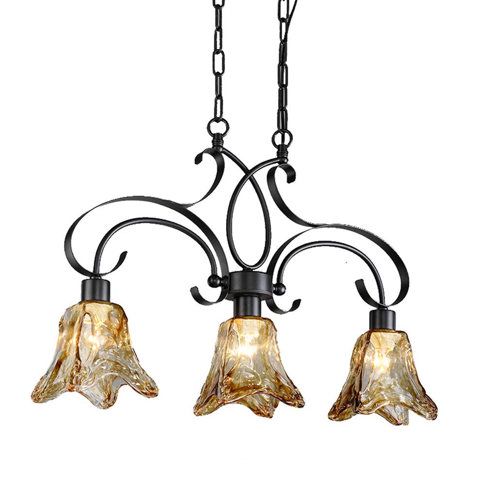 Vintage European 3-Light Brown Glass Pendant Lamp - Black Chandelier Fixture for Dining Room, Living Room & Restaurant Decor | Perfect for Farmhouse, Industrial & Retro Style Lighting