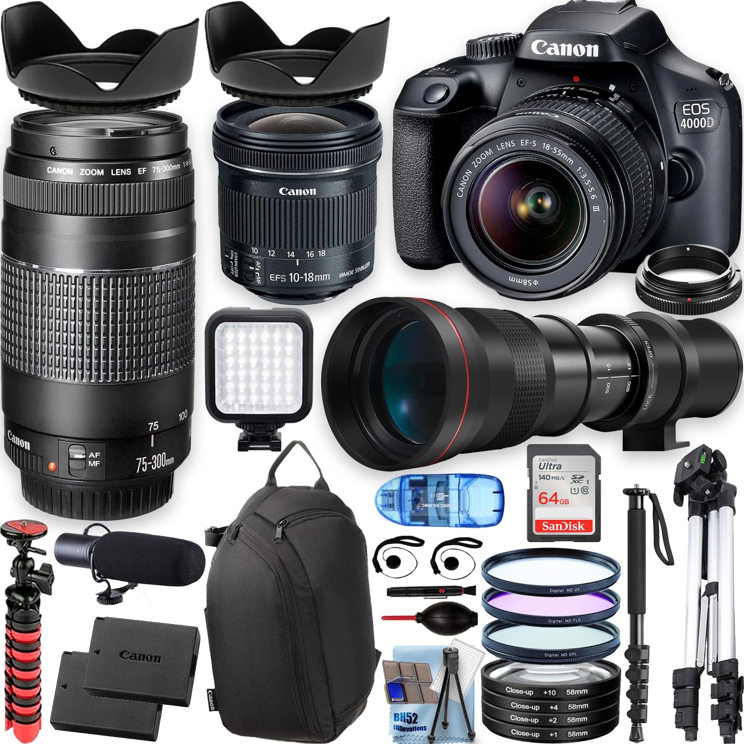 Canon 4000D/EOS Rebel T100 DSLR Camera Bundle with 18-55mm & 75-300mm Lenses + 420-800mm Telephoto Lens, Tripod & 30+ Pro Accessories (Renewed) - Perfect for Travel Photography, Wildlife Shooting & Beginner Photographers