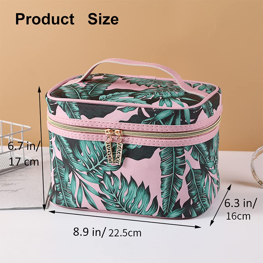 HOYOFO Women's Makeup Bag with Brush Holder - Green Leaf Print Cosmetic Organizer, Travel Toiletry Storage Pouch (Pink) | Perfect for Travel, Gym, and Daily Beauty Essentials