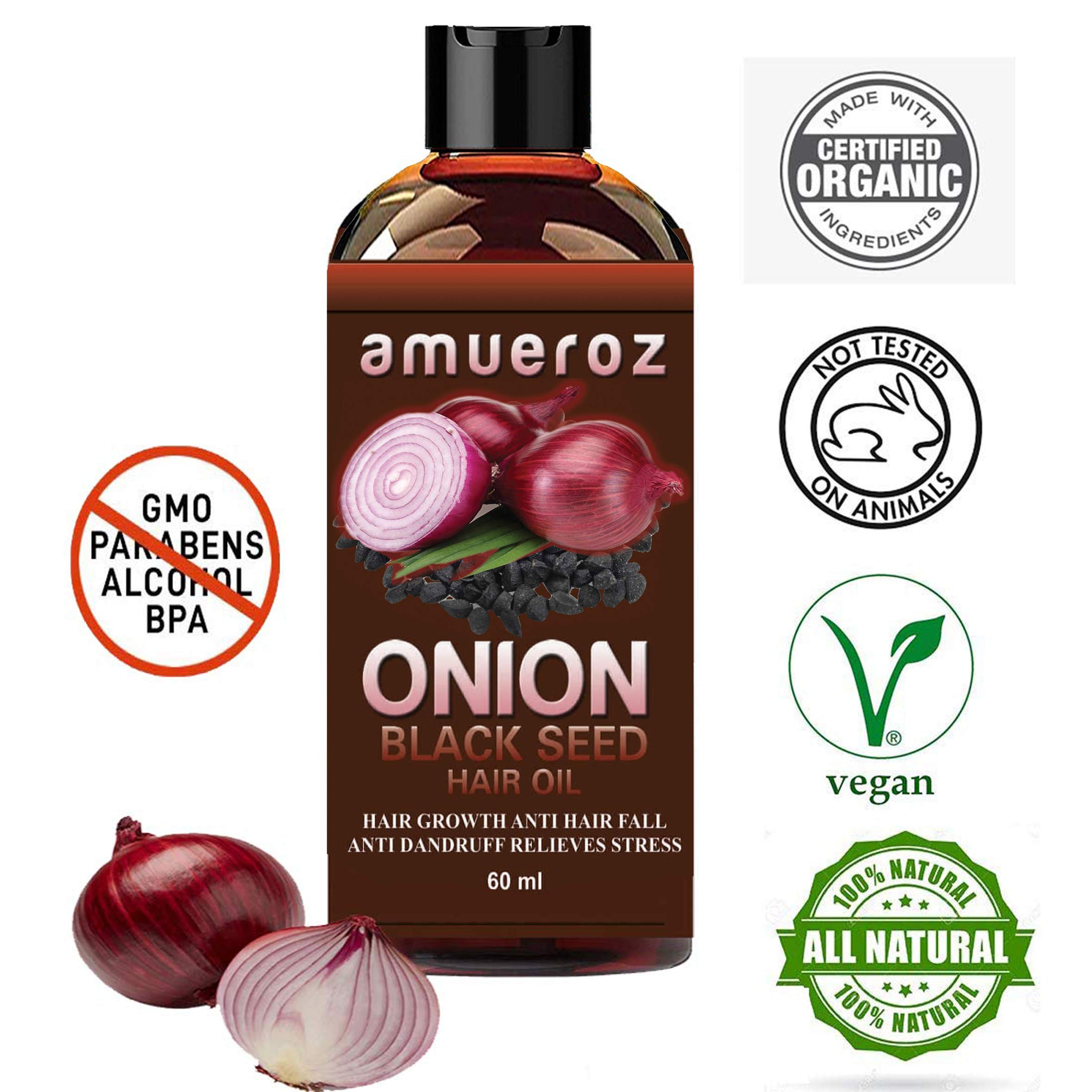 Amueroz Black Seed & Onion Hair Oil for Hair Growth, Anti-Dandruff Treatment – 2 Pack (60ml Each) | Natural Hair Care for Thicker, Healthier Hair at Home & Salon Use