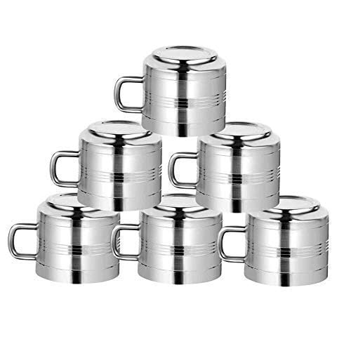 Premium Stainless Steel Espresso Cups - Double Wall Insulated 3.5 oz Demitasse Cups with Handle - Set of 6 - Keeps Coffee Hot Longer - Perfect for Home, Office & Coffee Shops