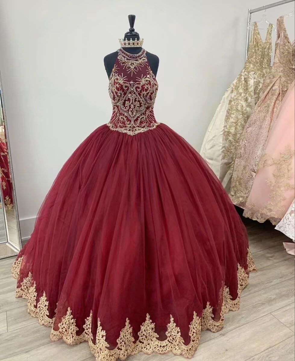 2025 Elegant Modest Prom Dresses with Gold Embroidery & Crystal Details | Halter Neck Long Formal Evening Gown | Perfect for Homecoming, Quinceañera & Black Tie Events