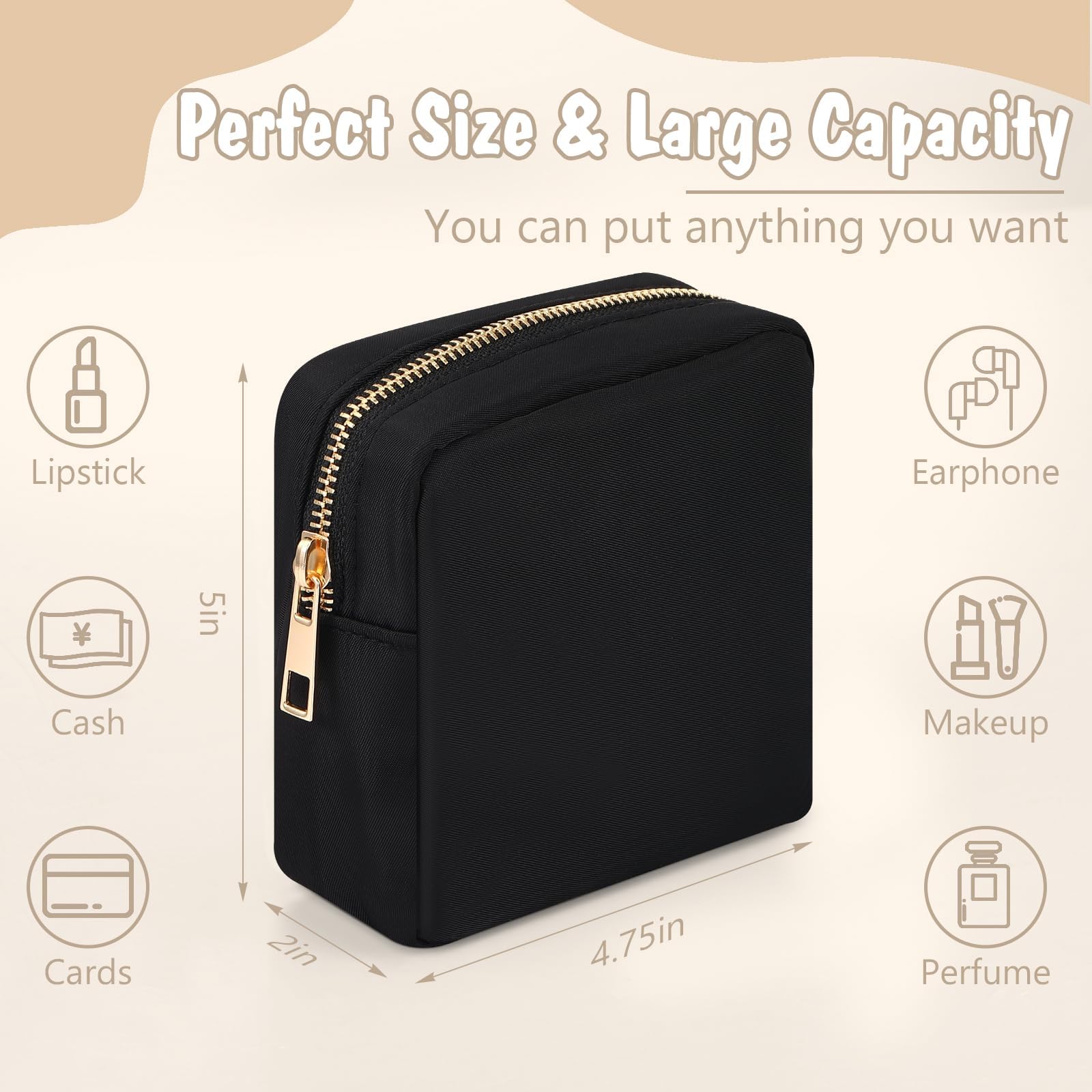 Small Waterproof Nylon Makeup Bag for Women - Mini Cosmetic Pouch with Zipper, Preppy Travel Organizer for Purse, Girls Makeup Case (Black) | Perfect for Daily Use, Travel, Gym & Gift Giving