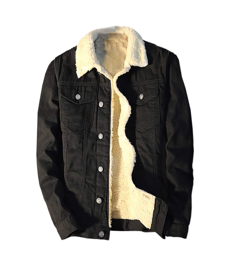 Trendy XU Women's Winter Fashion Black Faux Fur Denim Jacket with Wool Collar - Warm Stylish Outerwear for Casual Outings & Cold Weather