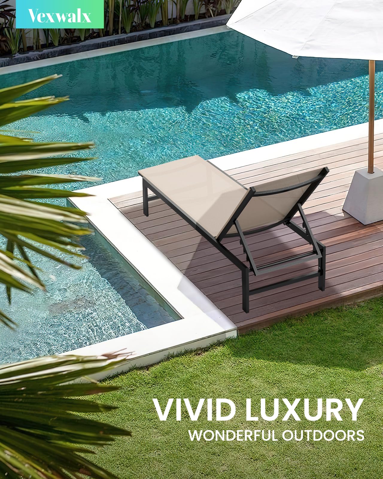 5-Position Reclining Aluminum Chaise Lounge Chair - Outdoor Poolside Patio Furniture for Backyard, Deck & Lawn - Durable Khaki Sunbathing Chair for Relaxation by the Pool, Beach or Garden