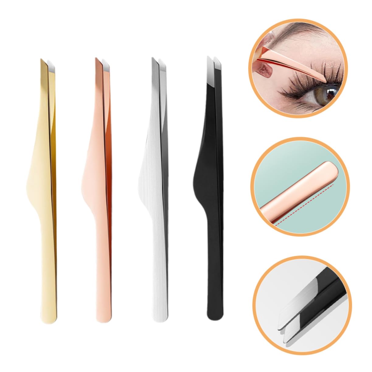 4pcs Professional Eyelash Extension Tweezers Set - Slant Tip & Straight Eyebrow Tweezers for Lash Application, False Eyelash Tools - Rose Gold Beauty Accessories (Perfect for Salon, Home Use & Professional Makeup Artists)
