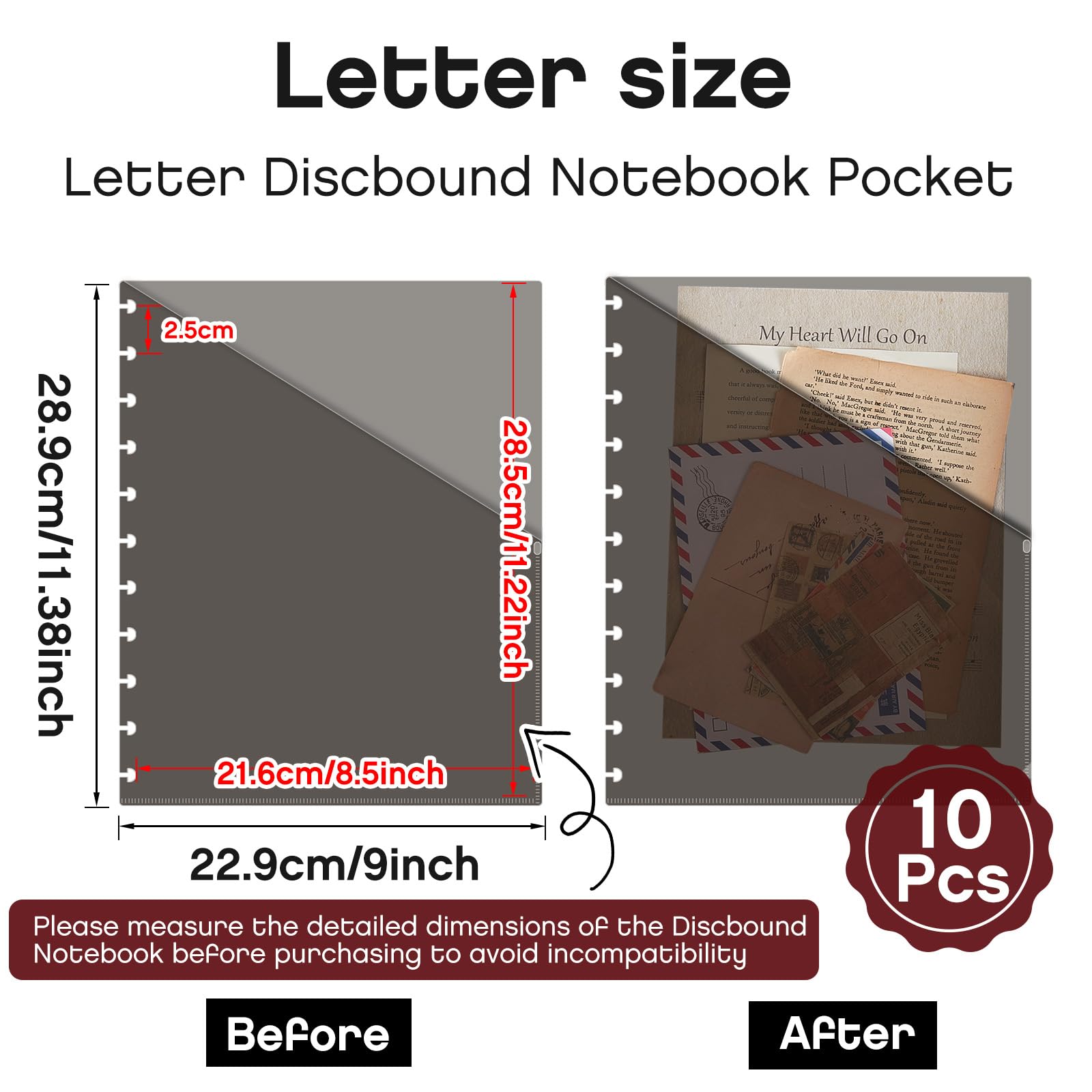 10-Pack Gray Translucent Discbound Dividers with Pockets - Letter Size (9.3 x 11 inch) Binder Index Organizer - Plastic Binder Accessories for Office, School & Home Organization