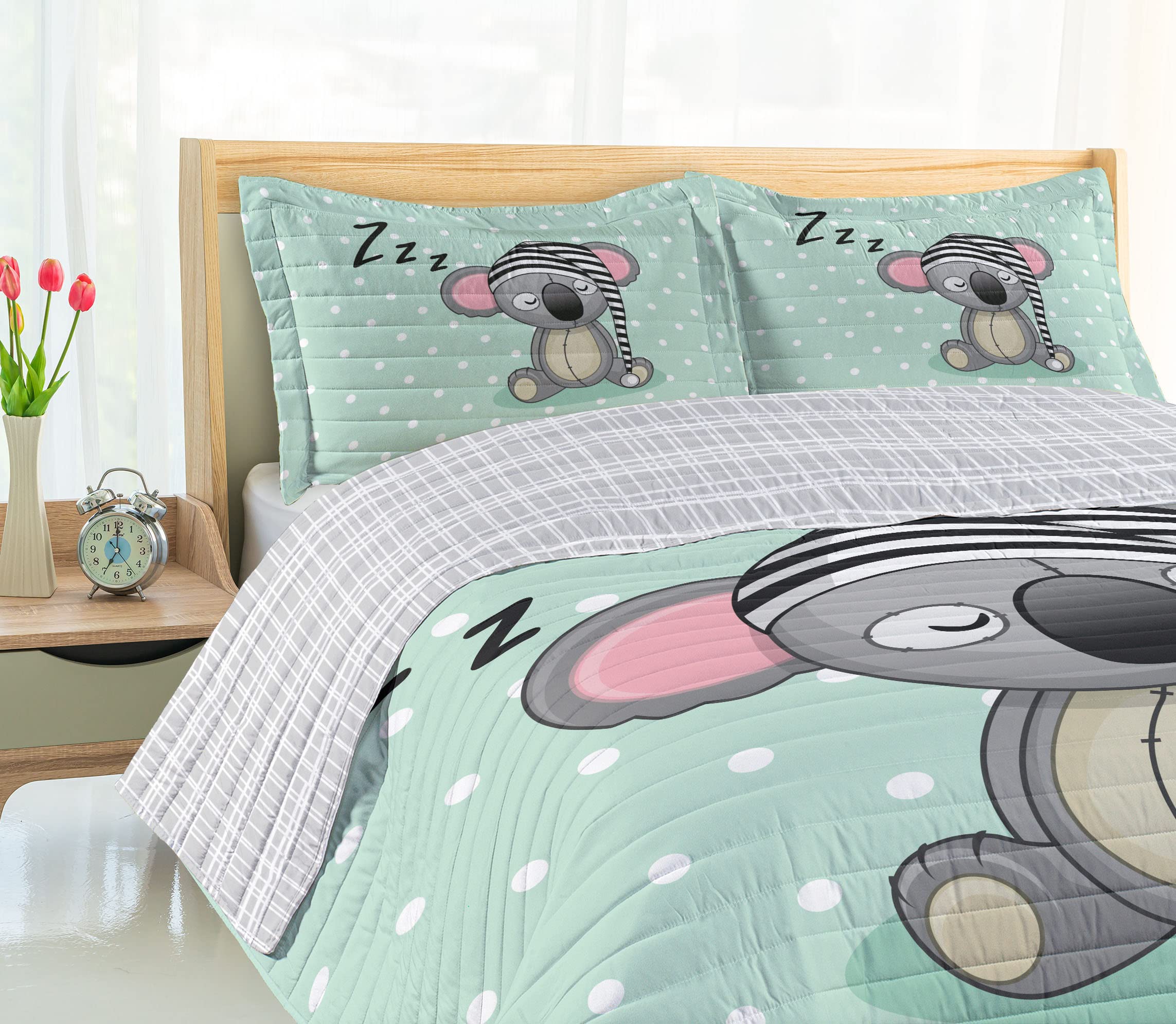 Ambesonne Koala Reversible King Size Bedspread Set - Mint Green Grey Pink Microfiber Comforter with Pillow Shams, Playful Polka Dot & Striped Hat Design - Perfect for Kids' Bedrooms, Nursery Decor, and Cozy Animal-Themed Bedding