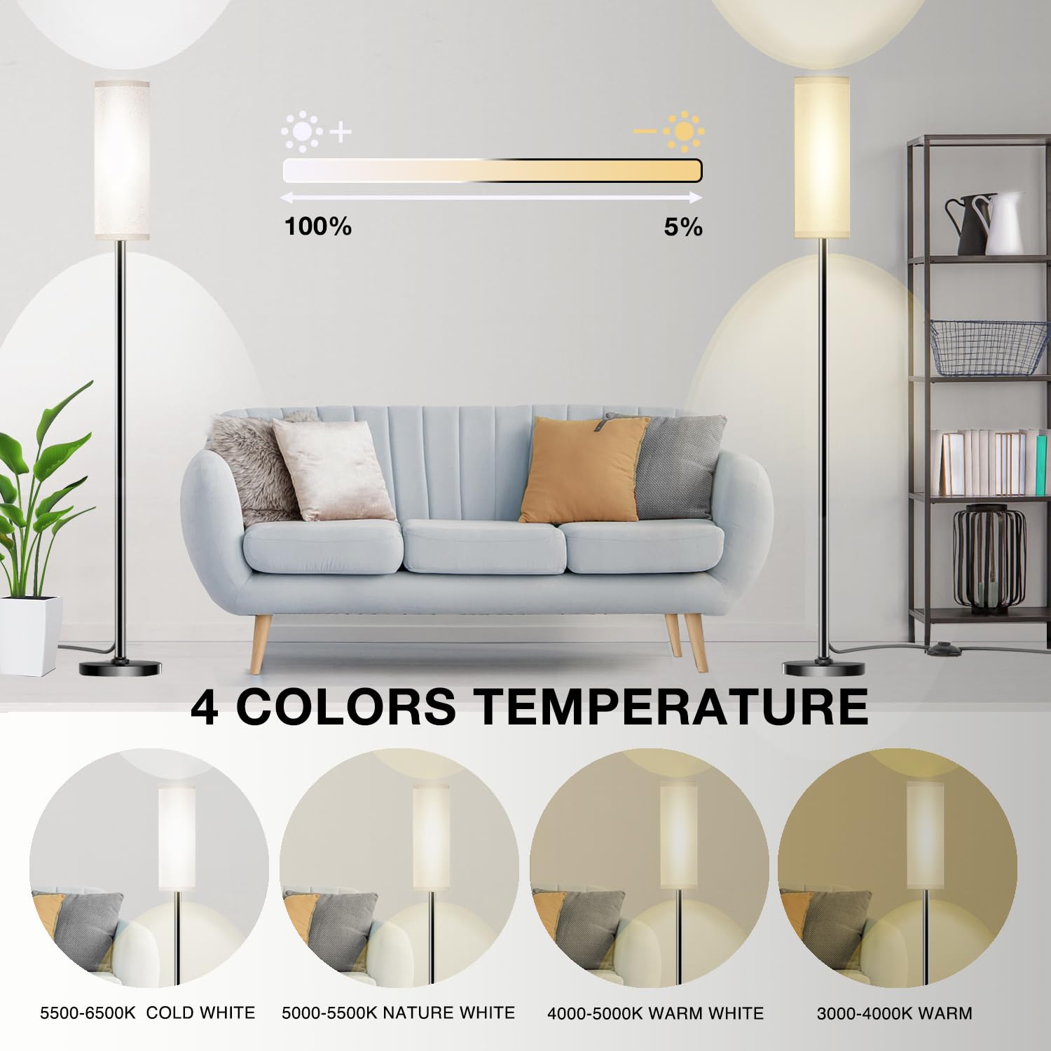 Modern LED Floor Lamp with Remote Control - Stepless Dimmable 12W Bulb Included, Standing Tall Lamp for Living Room, Bedroom & Office (Beige) | Perfect for Reading, Working & Creating Cozy Ambiance